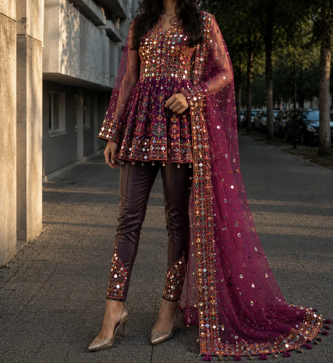 Berry Elegance – bestickte Tunika mit schmaler Hose und Dupatta in Beerentönen