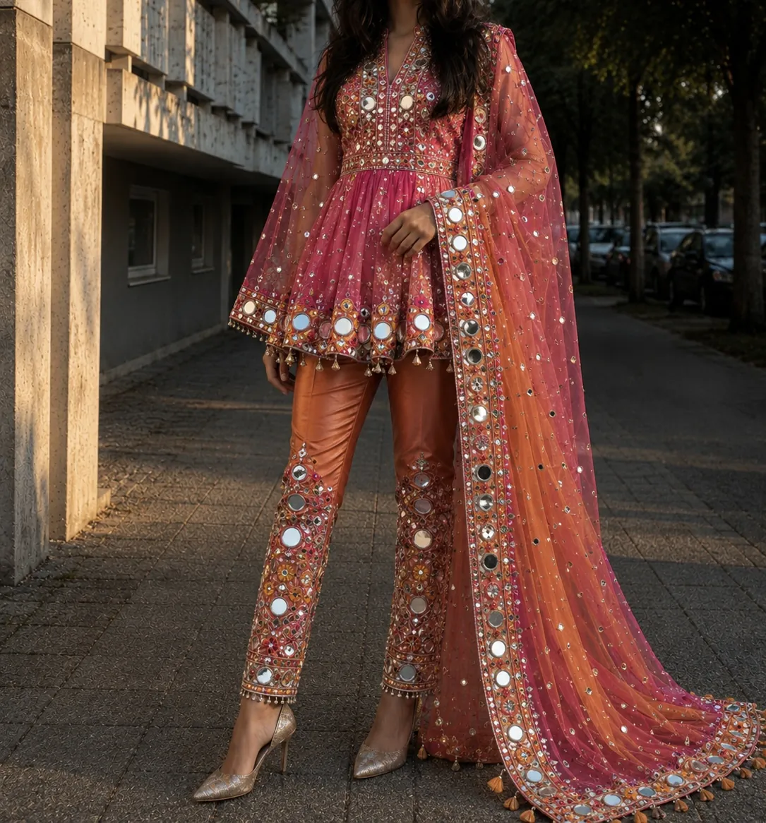 Coral Noor – Set in Koralle und Pink mit besticktem Oberteil, Hose und Spiegel-Dupatta