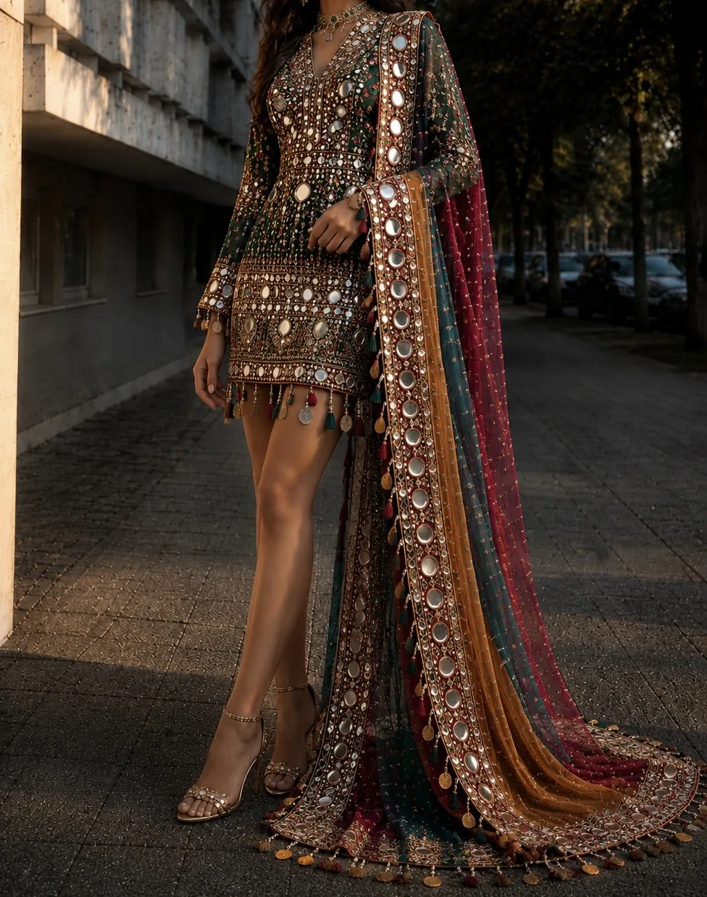 Emerald Mirror – kurzes Festkleid mit großen Spiegeln und mehrfarbigem Dupatta