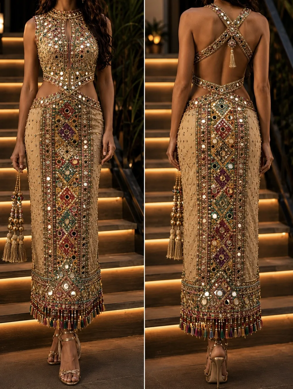 Golden Kuchi Mirror – figurbetontes Couture-Kleid in Gold mit Spiegelstickerei und Quasten